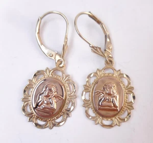 1.79g 10K Solid Yellow Gold Repousse Cherub Drop Dangle Earrings Leverback - Picture 1 of 8