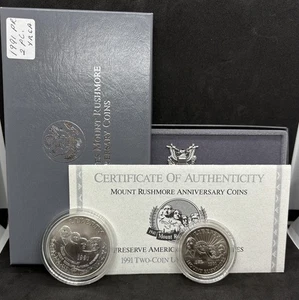 1991-S 2-Coin Mt Rushmore Commemorative Unc Set, 90% Silver Dollar, Box. COA! - Picture 1 of 5