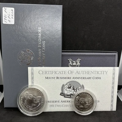 1991-S 2-Coin Mt Rushmore Commemorative Unc Set, 90% Silver Dollar, Box. COA! - Image 1 of 4