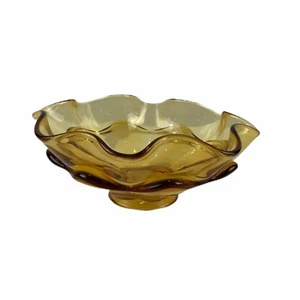 Double Fluted Amber Glass Serving Bowl Pedestal Base 7.5” Wide 3.5” Tall Vintage - Picture 1 of 4