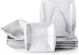12-Piece Marble Grey Dinner Set Porcelain Square Plate Crockery Dinnerware for 6 - Picture 1 of 4