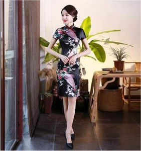 Nuevo Lujoso Vestido Corto Chino Fénix Negro Satinado Cheongsam Qipao lcdress79 - Imagen 1 de 3