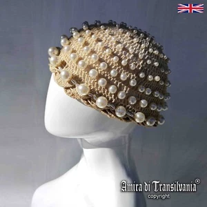 hat cap bonnet crochet head piece luxury couture brand weeding accessories pearl - Picture 1 of 24