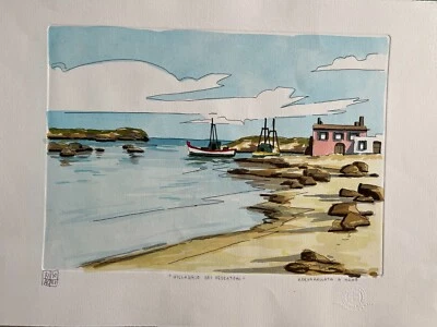 Dipinto Aldo Riso Certificato 50x35 "Villaggi di Pescatori" Quadro Raro Nuovo - Immagine 1 di 4