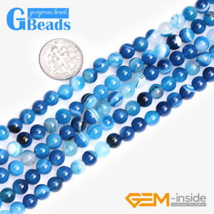 Blue Stripe Agate Onyx Gemstone Round Beads For Jewelry Making Free Shipping 15" 