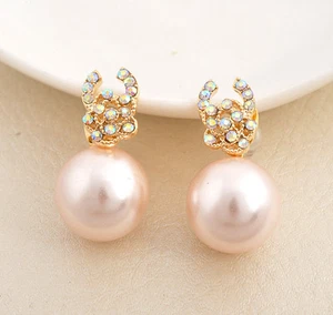 Women 18K Gold Filled 14MM Big Pearl Crystal Stud Earrings Wedding Gift Stunning - Picture 1 of 10