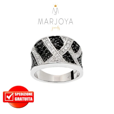 Anello a fascia con incrocio di zirconi bianchi e neri in argento 925 rodiato - Immagine 1 di 4