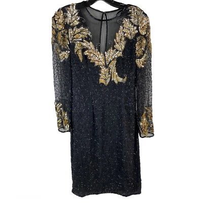 True Vintage 80s Dress By Scala Black Beaded PS Silk  Sequined Hollywood Glam - Image 1 of 4