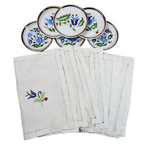 6 Lubiana Poland Coasters & Napkin Set Kashubian Embroidery Floral Cotton Vtg