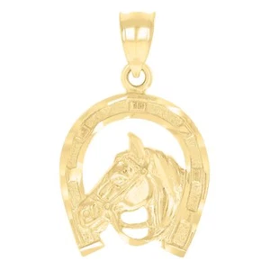 Ciondolo portafortuna unisex in oro giallo 14 kt testa di cavallo a ferro di cavallo - Foto 1 di 1