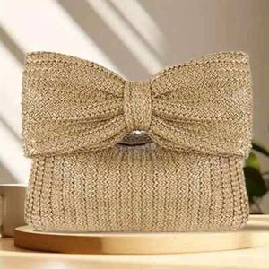 Khaki Crochet Beach Handbag With Bow Straw Evening Bag Party Wedding Bag Cruise - Picture 1 of 8