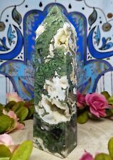 Stunning Druzy Moss Agate Crystal Point Tower 15.5cm 350g Heart Chakra Reiki 