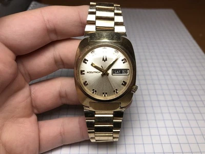 Vintage 1972 Bulova Accutron Gold Plated Tuning Fork 2182 Day Date Men's  Watch - Image 1 of 4