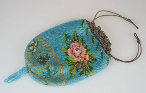 VIKTORIANISCHE MIKROPERLEN BLUMEN KORDELZUG HANDTASCHE KLAPPER - 7" OHNE QUASTE - Bild 1 von 7