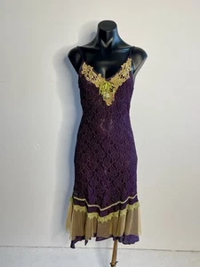 Vintage 90's PEACE ANGEL Boho Purple Lace Midi Dress With Green Trim Size M - Picture 1 of 9