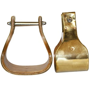23JK Bar H Equine Western Horse Heavy-Duty Wooden brass Stirrups - Picture 1 of 1