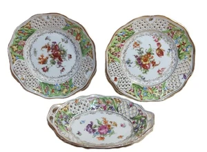 3 Pieces Carl Schumann Bavaria DRESDEN FLOWERS Reticulated Gold Gilt Plates - Picture 1 of 5