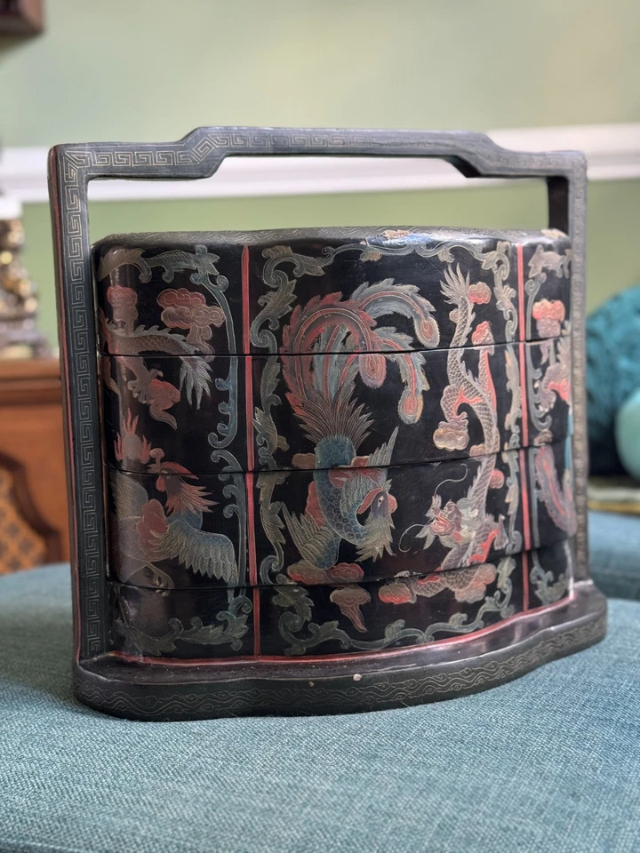 Антикварная китайская лакированная многоярусная свадебная корзина/шкатулка для приданого — начало 20 века - Изображение 1 из 4