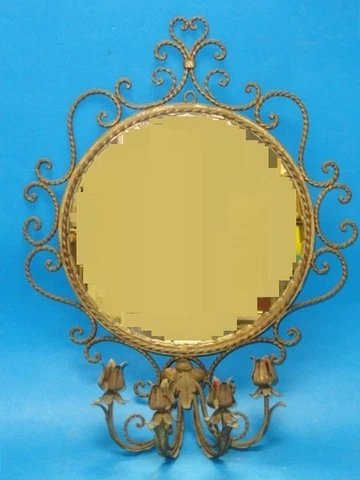 ANTIQUE ELABORATE TWIST IRON GILDED MIRROR with  CANDLE SCONCE Cover