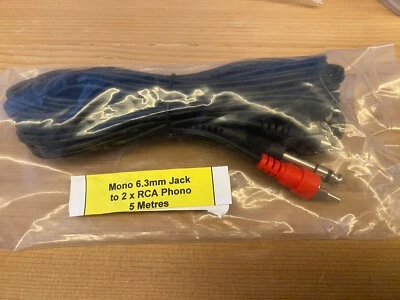 6.35mm 1/4" STEREO JACK PLUG to 2 x RCA PHONO Plugs 5m Lead - Image 1 of 2
