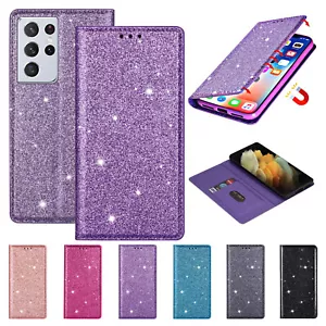 For Samsung Galaxy S25 Ultra S24 S23 S22 Bling Flip Leather Wallet Stand Case - Picture 1 of 26