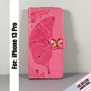 Wallet Case designed for iPhone 13 Pro - Pink Butterfly Etched Design | Folio - Picture 1 of 17