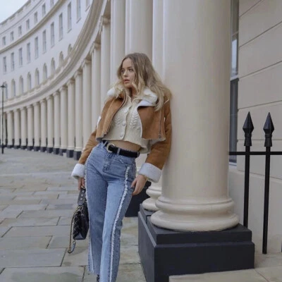 para mujer de manga larga de lana de cordero con solapa corta y bolsillos de col Foto 1 de 4