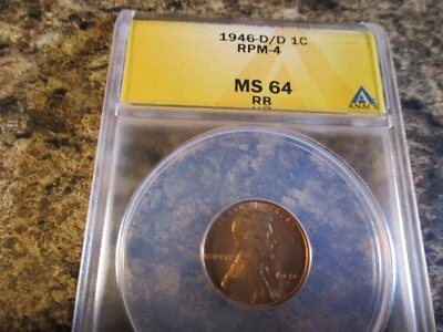 1946-D LINCOLN CENT RPM-004 D OVER D NORTH ANACS MS 64 RB    0689 - Image 1 of 4