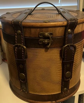 Leather Over Wood round Box; Crocodile Pattern 8” x 8.5”; Vintage Style - Image 1 of 4