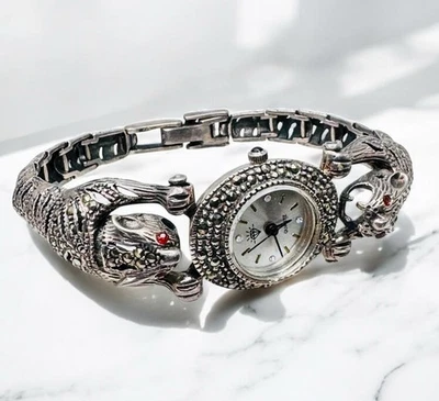 Vintage 925 Sterling Silver Marcasite Cat Jaguar Panther Bracelet Watch Nice - Image 1 of 4