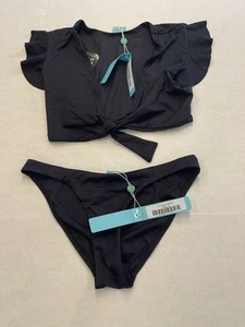 NWT MELISSA OBADASH KOH SAMUI BLACK TIE FRONT FRILL CROP BIKINI SET SZ 40 - Picture 1 of 5