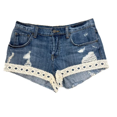 "Pantalones Cortos de Jean Carmar Abotonados Azul Envejecido Borde de Encaje 2"" Entrepierna Mujeres 27" Foto 1 de 4