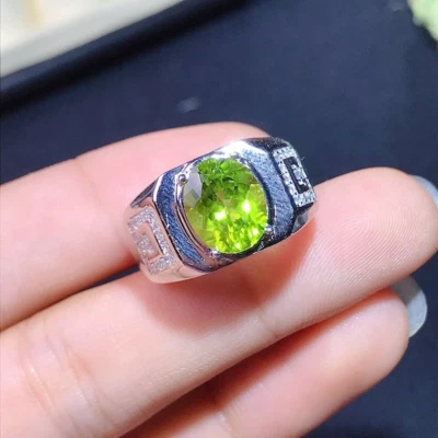 14k White Gold Plated Oval Lab Created Peridot Men's Wedding Ring, Promise Gift - Image 1 of 4