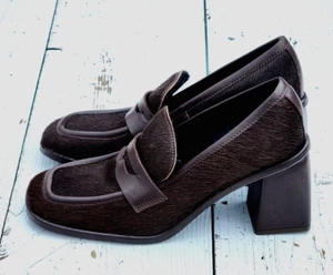 Just Juice Shoes Vero Cuoio Brown Calf Hair Fur Block Heels US 6.5 EU 37 - Picture 1 of 4