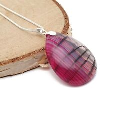 Large Pink Agate Teardrop Necklace Crystal Fuchsia Pendant Silver Plated Chain