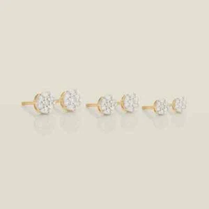 Aretes con flores redondas de diamantes reales de oro macizo de 14K lóbulo diamante natural - Imagen 1 de 7