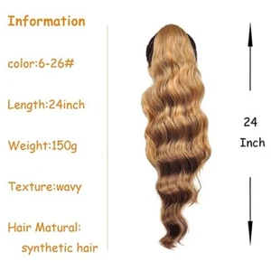 Extensión de cabello cola de caballo onda corporal larga 24 pulgadas sintética resistente al calor-KETHBE - Imagen 1 de 5