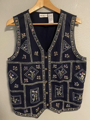 Chaleco Ciervo Blanco Mujer 16W Azul Marino Bordado Floral Botón Frontal Boho Y2K Foto 1 de 4