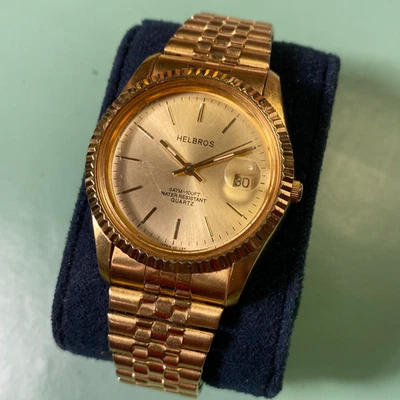 Винтажные японские кварцевые золотые часы Helbros 321-2115 36 мм с указателем даты работают отлично - Изображение 1 из 4