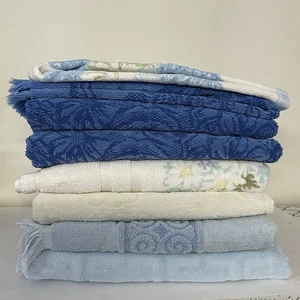 70's Vintage Bath Hand Towel Lot Blue Floral Flowers Halston etc. - Picture 1 of 12