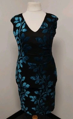 Vestido de mergulho feminino romano preto e azul-petróleo veludo floral rebanho Reino Unido 14 ocasiões formais - Imagem 1 de 4