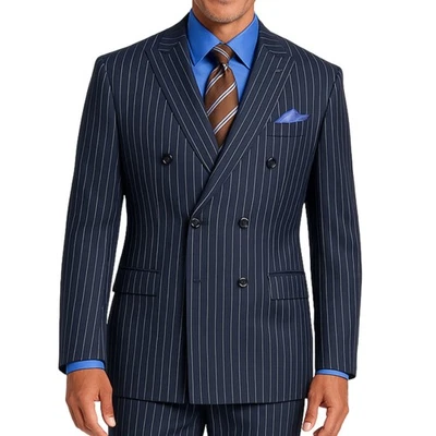 BIG & TALL Men's Navy Pinstripe Double-Breasted Reg-Fit Suit w/ Adj Waist NWT - Image 1 of 4
