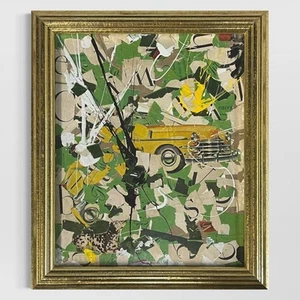 Original Framed Abstract Art Collage 10x12 "1949 Yellow Chrysler Convertible Ad" - Bild 1 von 6