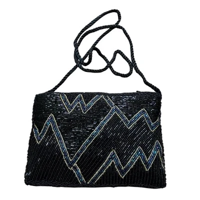 Bolso de noche vintage años 80 negro y azul con cuentas aleta graduación monedero mod geométrico Foto 1 de 4