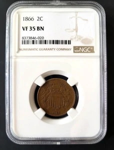1866 2C - 2 Cent NGC VF 35 BN - Picture 1 of 2