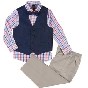 Boys 4-Piece Dress Up Outfit Red White & Blue Plaid Shirt, Bow Tie, Vest & Pants - Picture 1 of 1