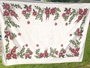 Vintage Tablecloth Poinsettias Holly & Candles on Corners 60" x 80" Cutter - Picture 1 of 10