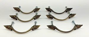 Vintage Set of 6 Drawer Handle Pulls Hardware MCM Bronze Color Leaf - Picture 1 of 8