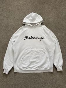 FW22 Balenciaga Distressed Script Logo White Hoodie Size Small - Picture 1 of 11