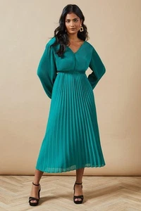 Oasis Womens Fit Flare Dress Teal Pleated V-Neck Long Sleeve Occasion - Picture 1 of 5
